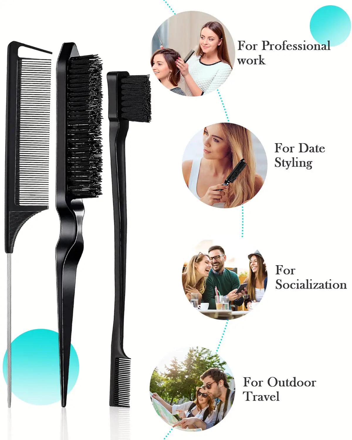 Hair Styling Brush Set - Slick Back Comb, Edge Control Brush, Rat Tail Comb for Smooth Styling, Frizz Taming, and Parting (3 Pieces) 3 Pieces (Black)