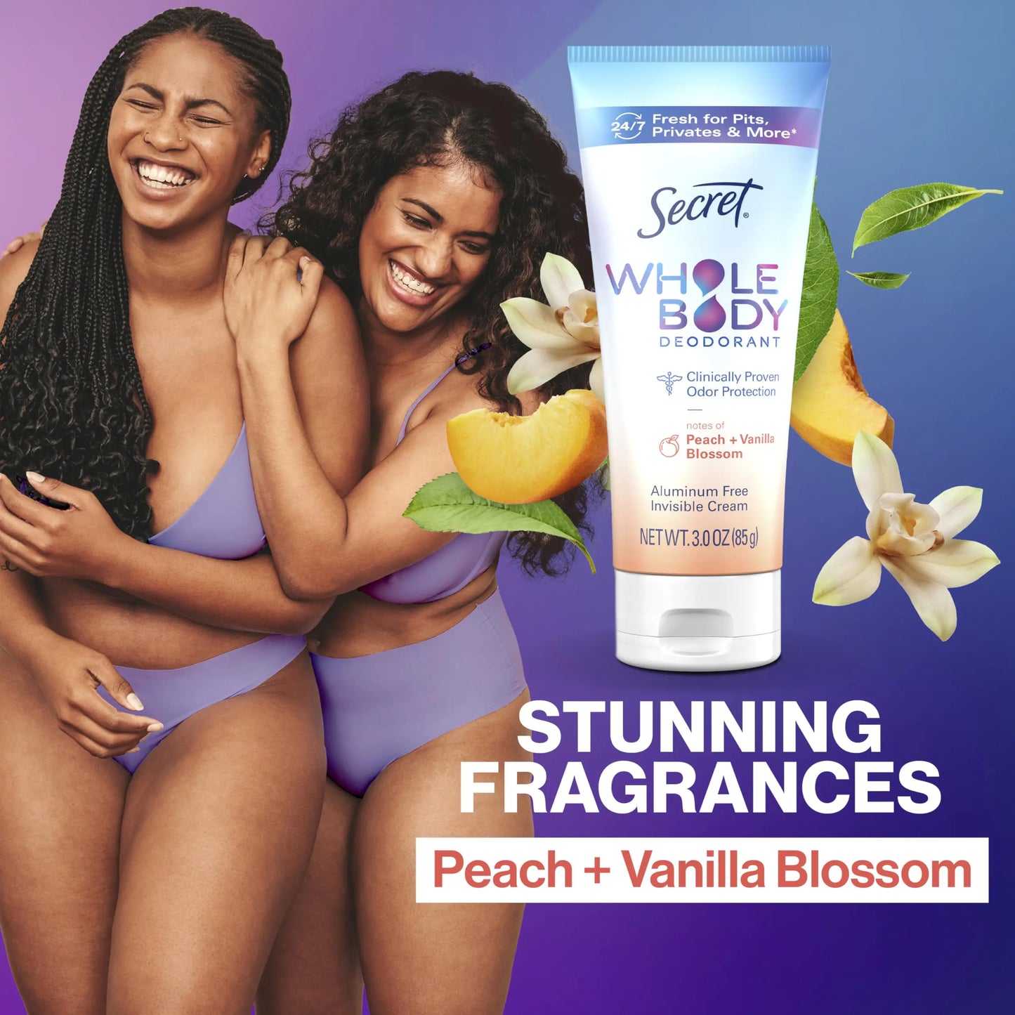 Secret Whole Body Deodorant Cream for Women, Peach & Vanilla Blossom Scent