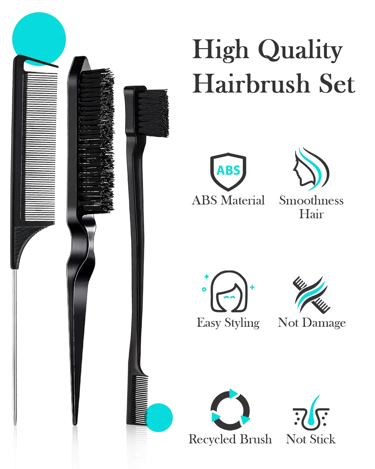 Hair Styling Brush Set - Slick Back Comb, Edge Control Brush, Rat Tail Comb for Smooth Styling, Frizz Taming, and Parting (3 Pieces) 3 Pieces (Black)