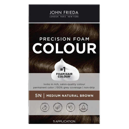 John Frieda Brown Permanent Precision Hair color, Foam Hair Kit, Brown Hair Dye, 5N Medium Natural Brown Hair Color