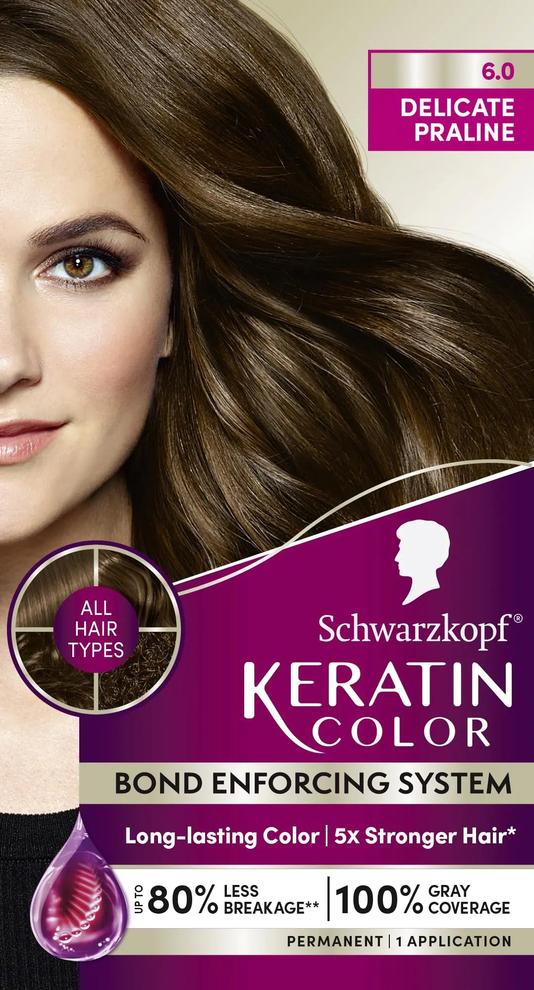 Schwarzkopf Keratin Color Permanent Hair Color, 6.0 Delicate Praline