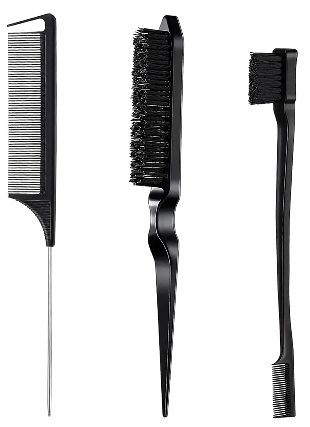 Hair Styling Brush Set - Slick Back Comb, Edge Control Brush, Rat Tail Comb for Smooth Styling, Frizz Taming, and Parting (3 Pieces) 3 Pieces (Black)