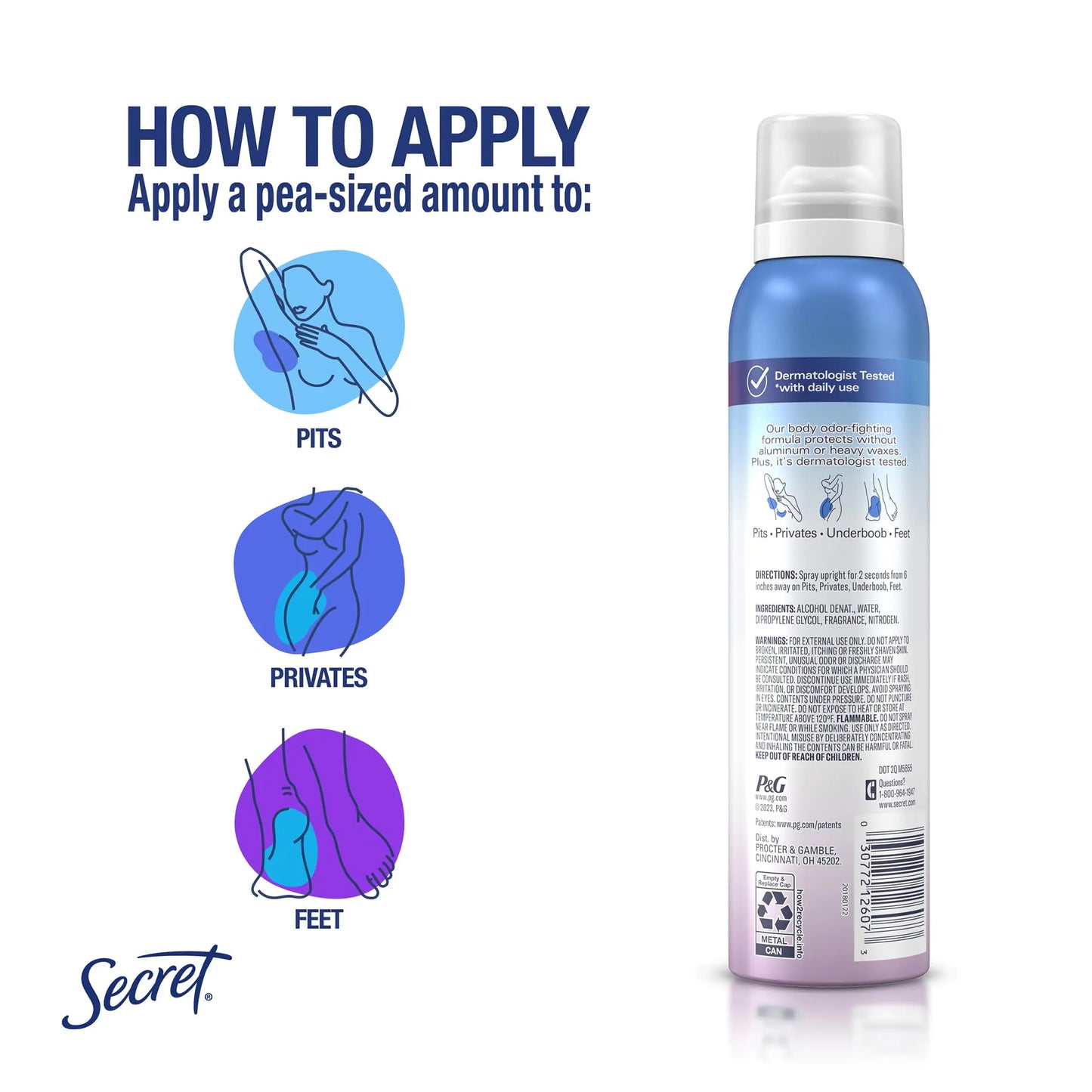 Secret Whole Body Deodorant for Women, Spray Lilac & Waterlily Scent, Aluminum Free Deodorant Spray, 72 HR Odor Protection, 3.5 oz