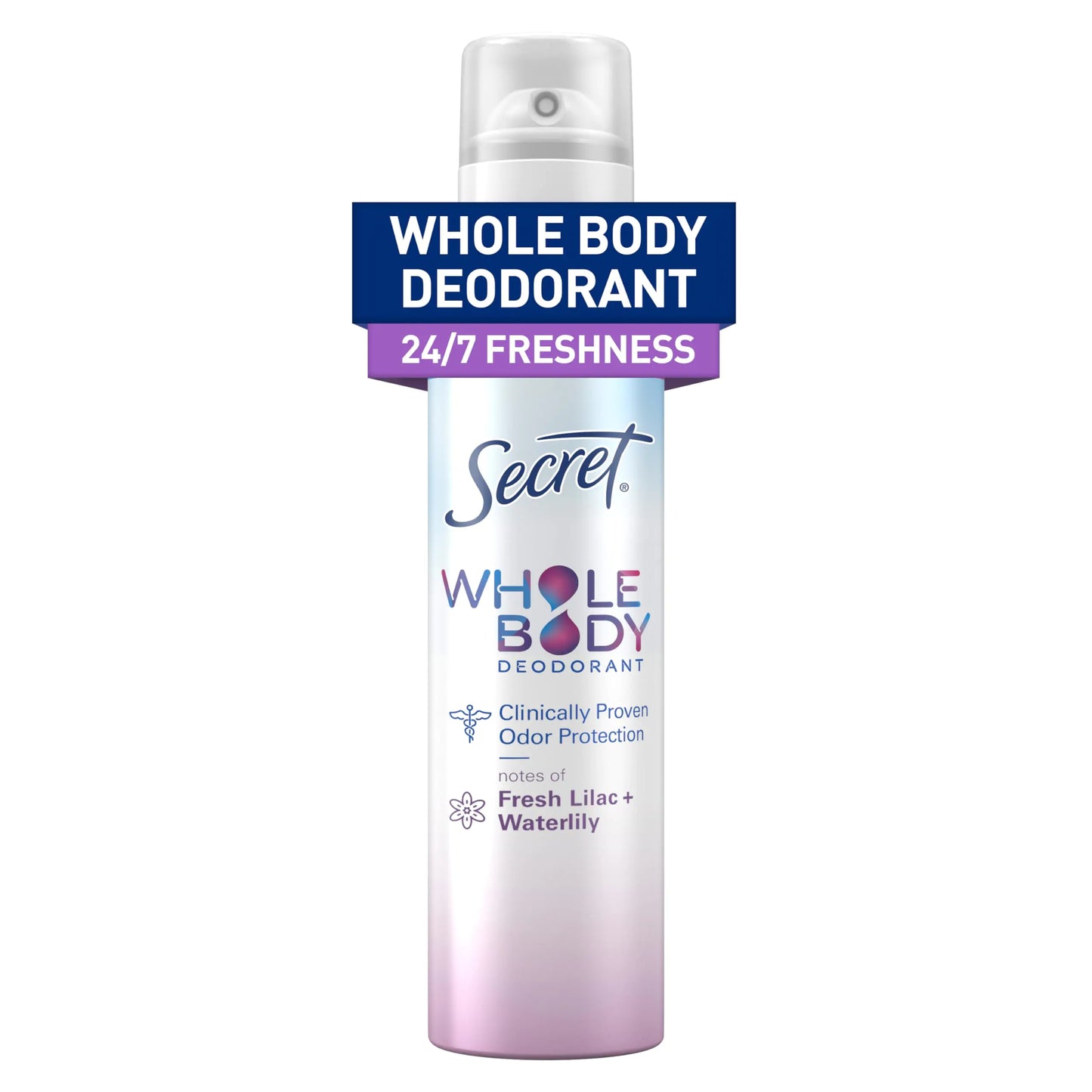 Secret Whole Body Deodorant for Women, Spray Lilac & Waterlily Scent, Aluminum Free Deodorant Spray, 72 HR Odor Protection, 3.5 oz