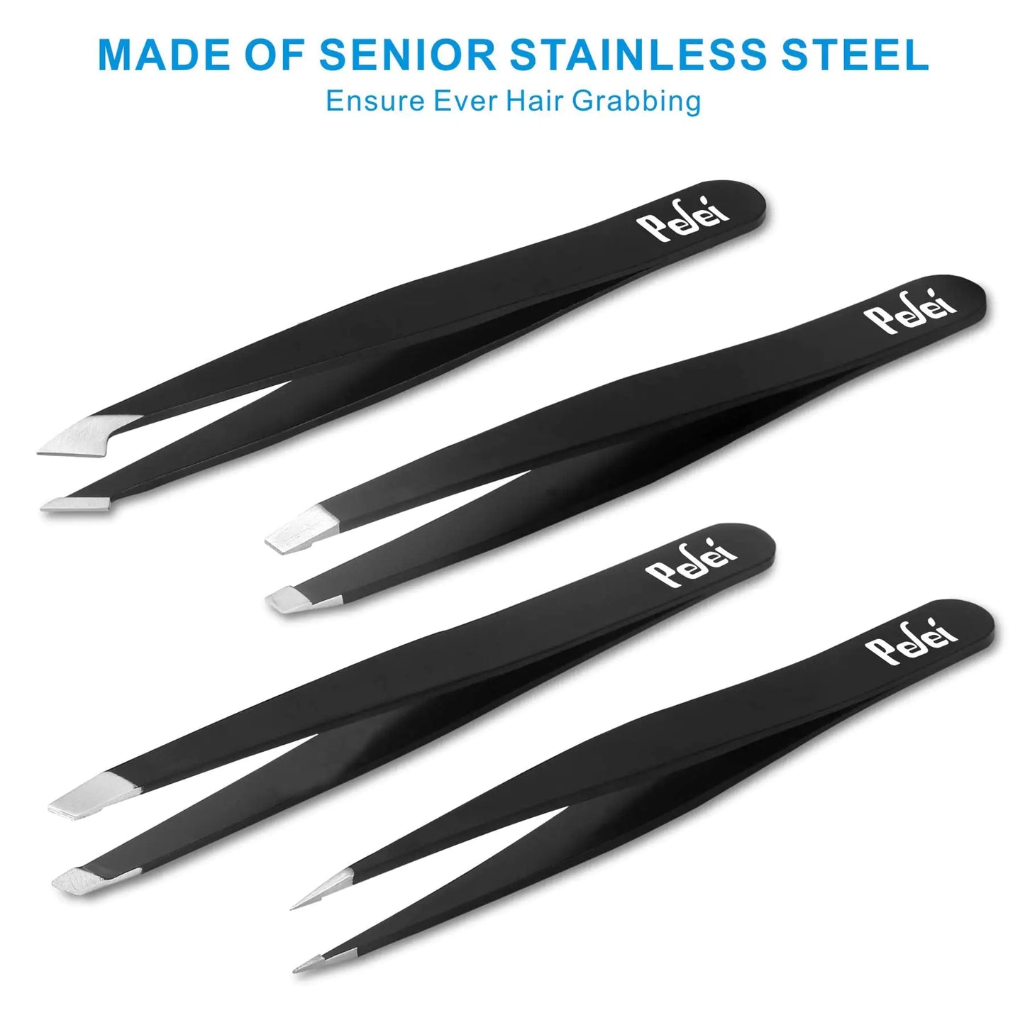 Pefei Tweezers Set - Professional Stainless Steel Tweezers for Eyebrows - Great Precision for Facial Hair, Splinter and Ingrown Hair Removal (Black)